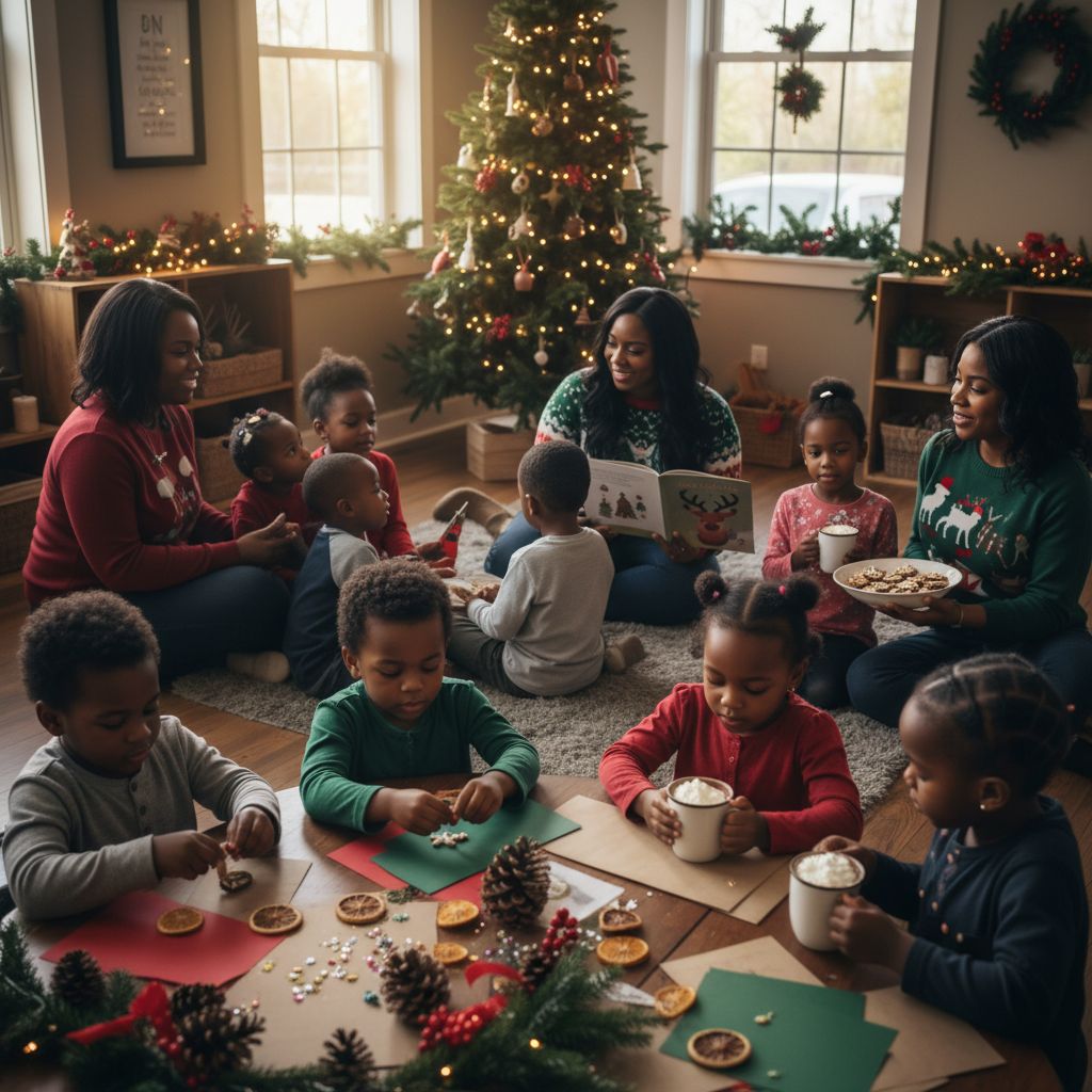 Holiday celebration with Christmas tree and crafts