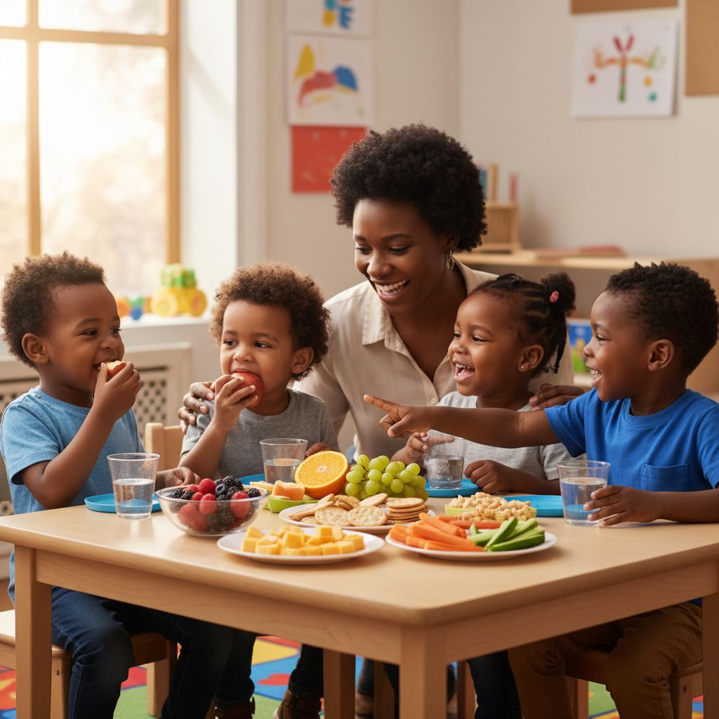 Teacher with children enjoying healthy snacks