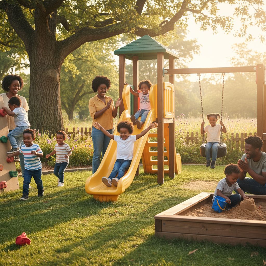 Children playing on slides and swings